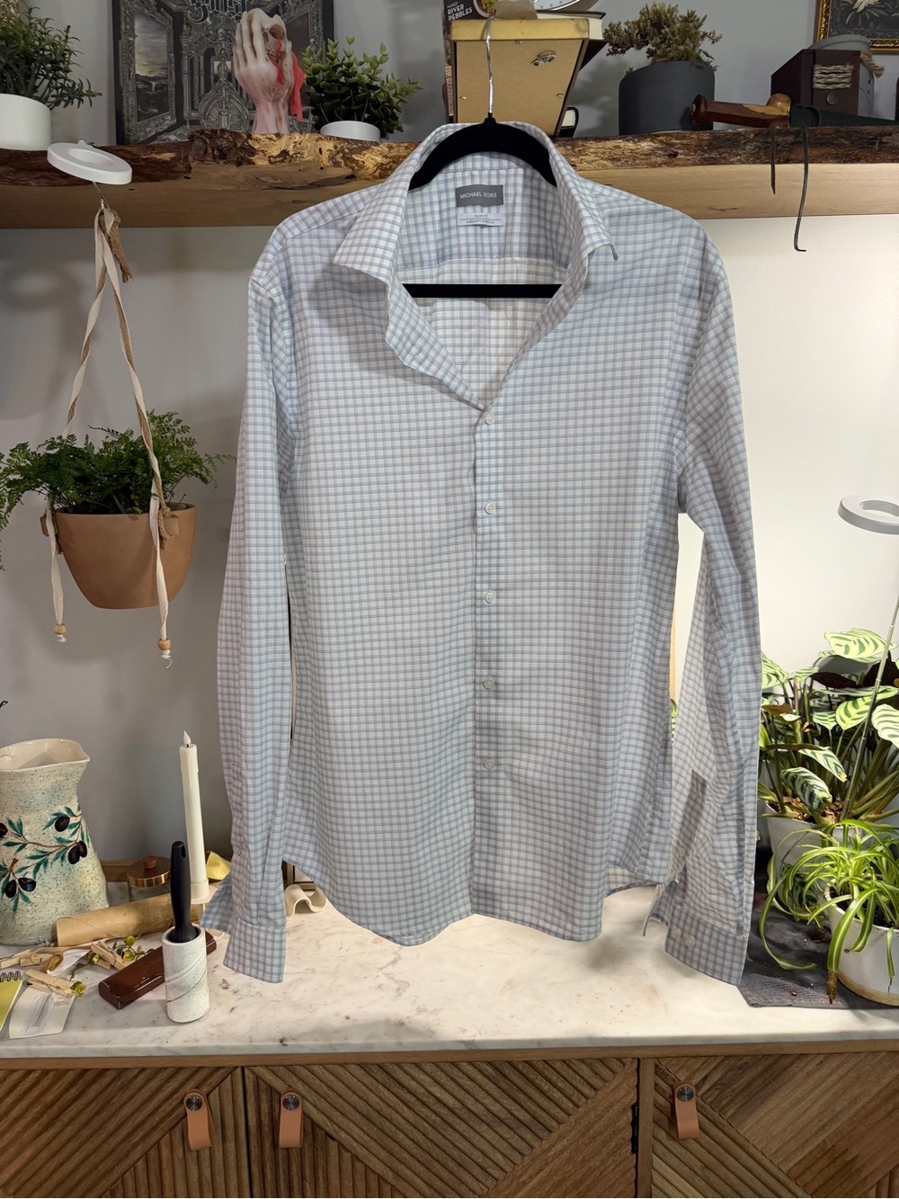 Michael Kors Men’s Light Blue Checked Dress Shirt Slim Fit Airsoft Stretch